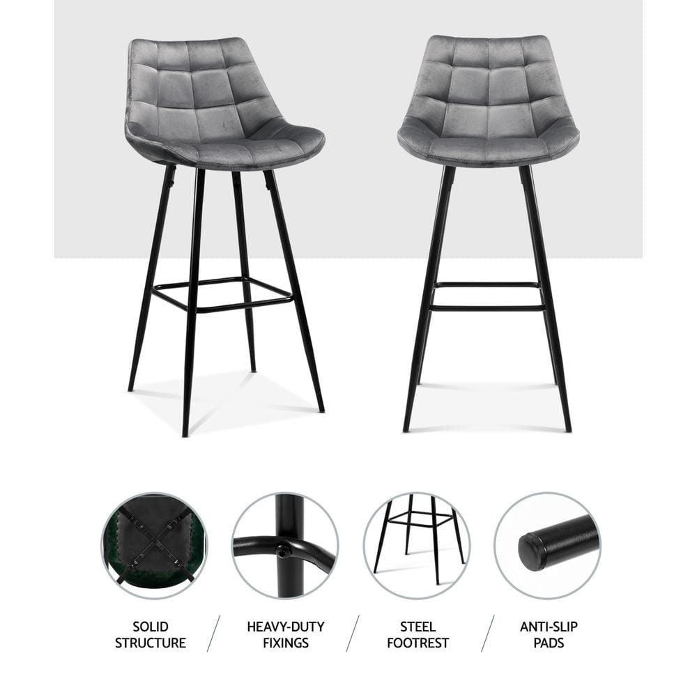 Bar Stools - Audrey Set Of 2 Velvet Fabric Kitchen Bar Stool Grey 76cm