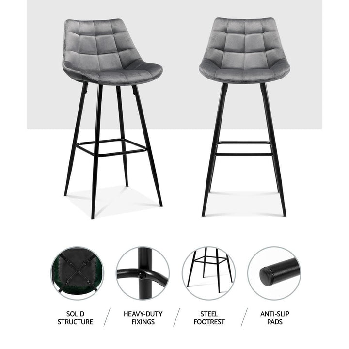 Bar Stools - Audrey Set Of 2 Velvet Fabric Kitchen Bar Stool Grey 76cm