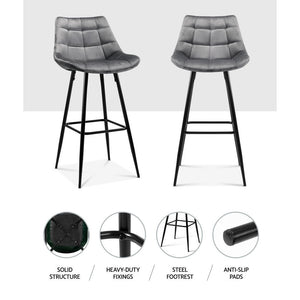 Bar Stools - Audrey Set Of 2 Velvet Fabric Kitchen Bar Stool Grey 76cm
