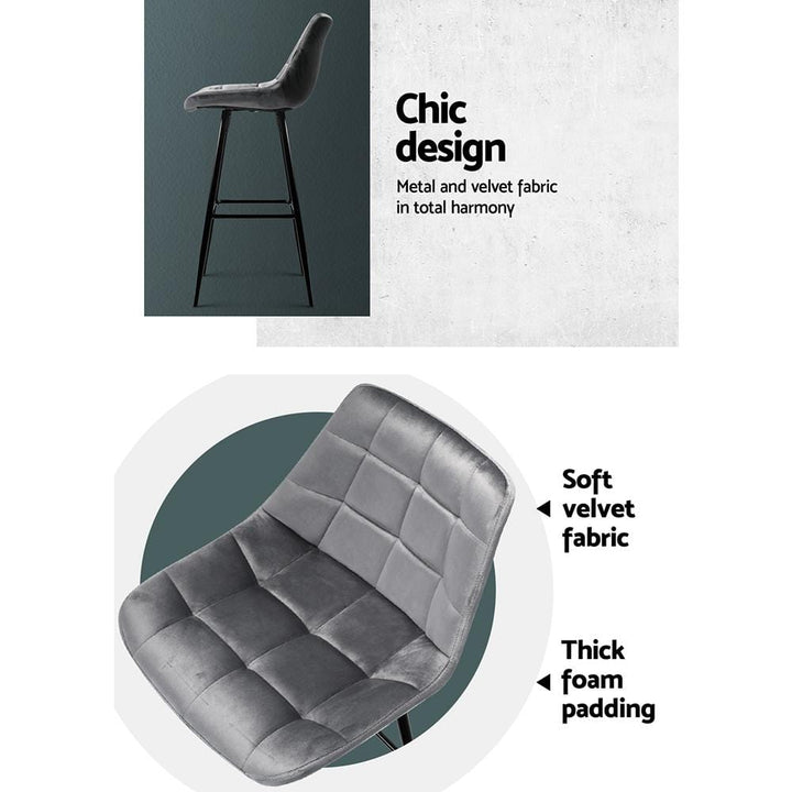 Bar Stools - Audrey Set Of 2 Velvet Fabric Kitchen Bar Stool Grey 76cm