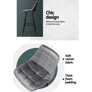 Bar Stools - Audrey Set Of 2 Velvet Fabric Kitchen Bar Stool Grey 76cm