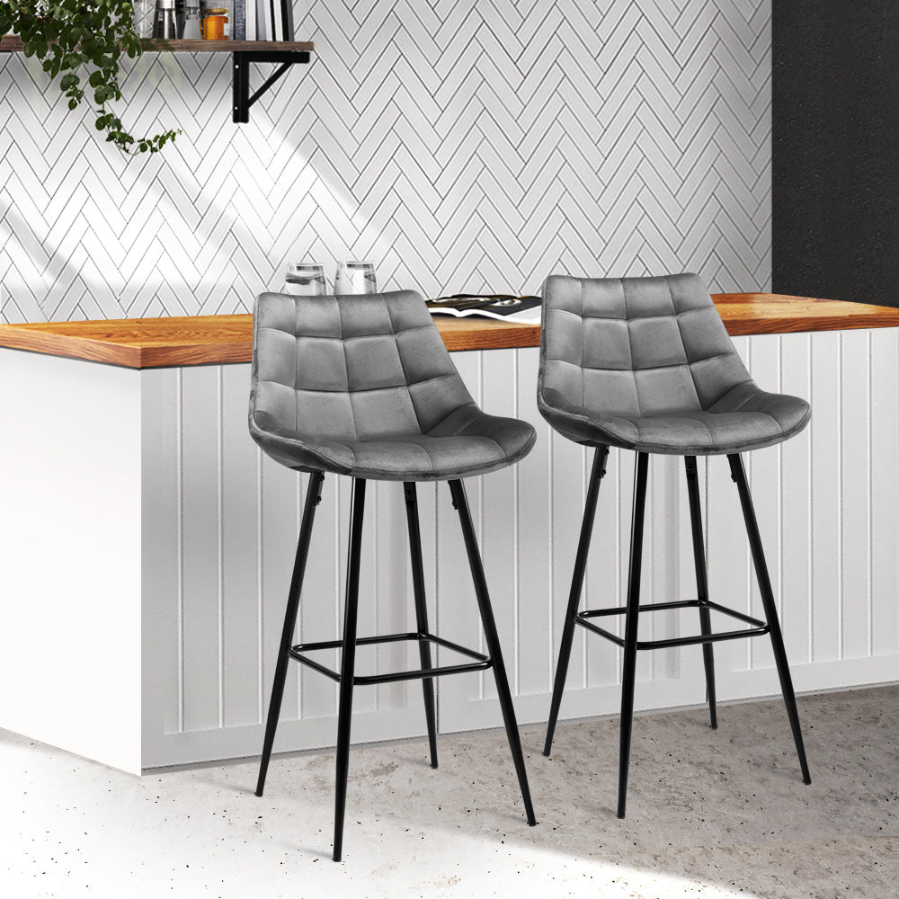 Bar Stools - Audrey Velvet Fabric Bar Stool (Set Of 2) Grey 76cm