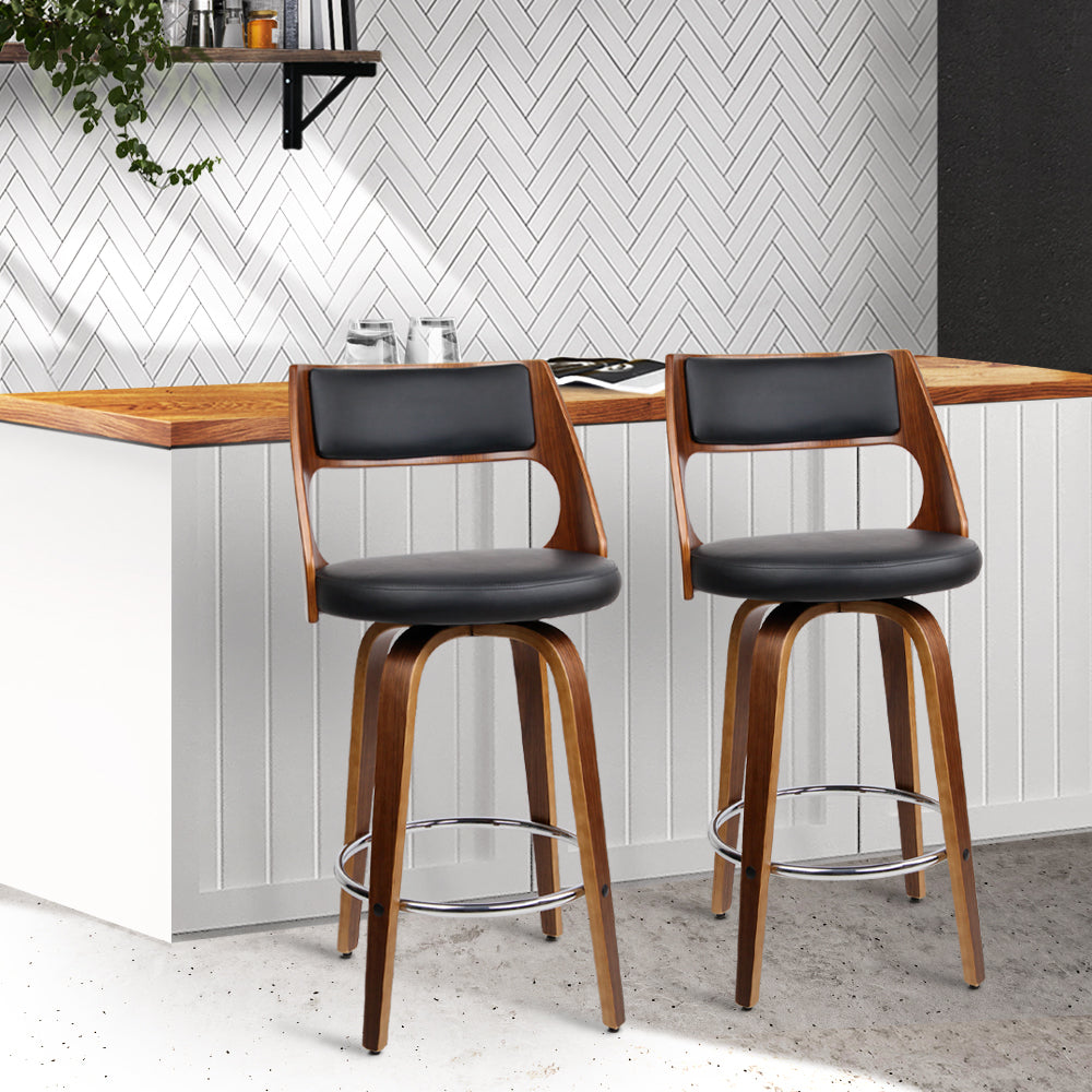 Bar Stools - Bentwood Wooden Bar Stool Leather Swivel (Set Of 2) Black 65cm