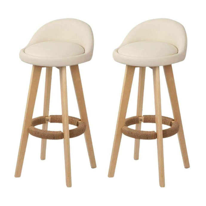 Bar Stools - Dalvey Set Of 2 Leather Wood Kitchen Bar Stool Beige 69cm