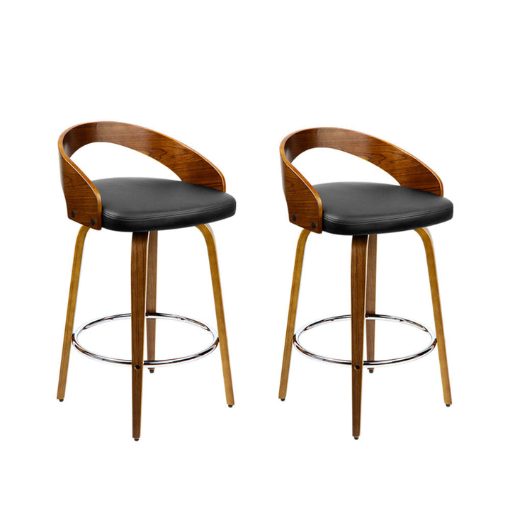 Bar Stools - Delilah Wooden Bar Stool Leather Swivel (Set Of 2) Black 65cm