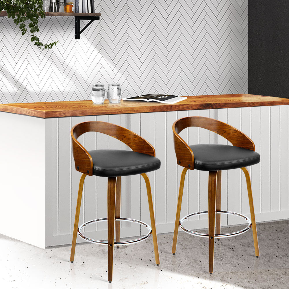 Bar Stools - Delilah Wooden Bar Stool Leather Swivel (Set Of 2) Black 65cm