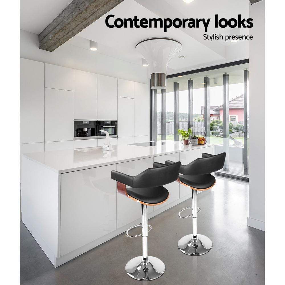 Bar Stools - Donna Set Of 2 Leather Wooden Swivel Kitchen Bar Stool Black