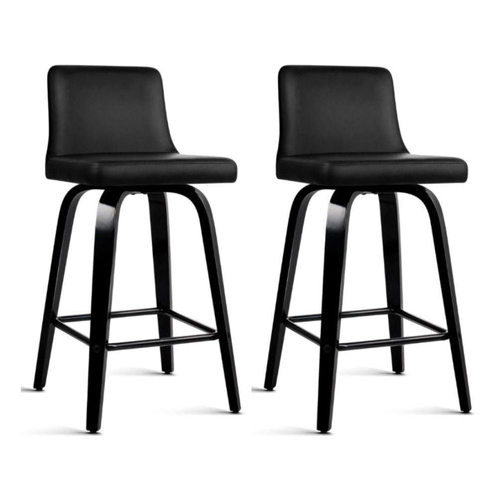 Bar Stools - Felipe Set Of 2 Leather Wooden Swivel Kitchen Bar Stool Black Frame 66cm
