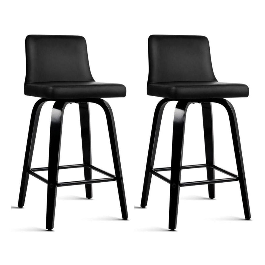 Bar Stools - Felipe Set Of 2 Leather Wooden Swivel Kitchen Bar Stool Black Frame 66cm