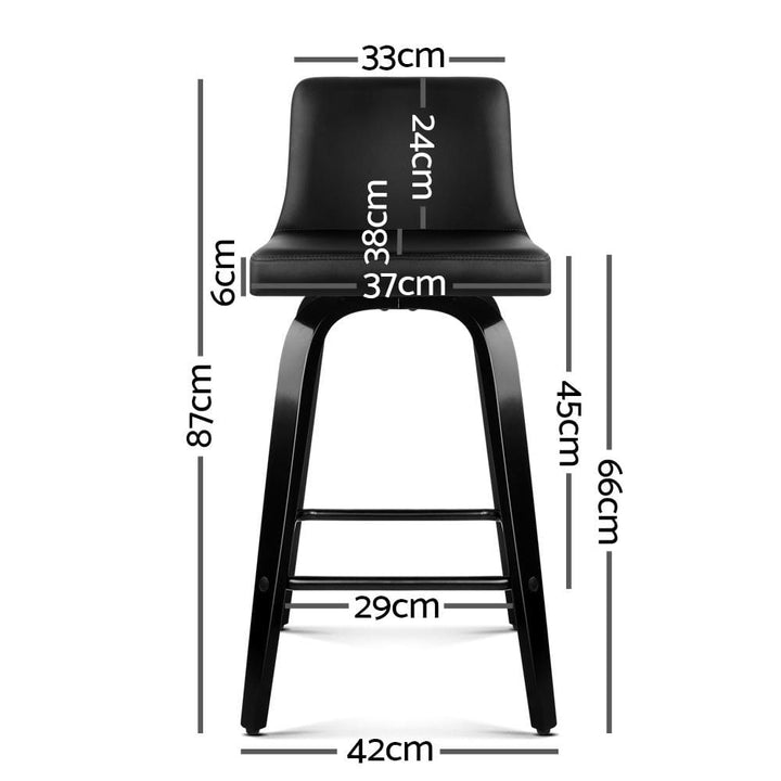 Bar Stools - Felipe Set Of 2 Leather Wooden Swivel Kitchen Bar Stool Black Frame 66cm