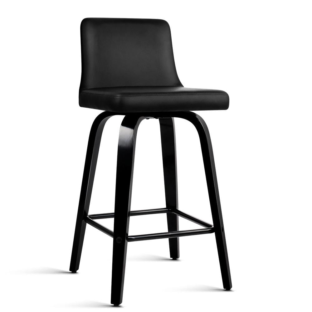 Bar Stools - Felipe Set Of 2 Leather Wooden Swivel Kitchen Bar Stool Black Frame 66cm