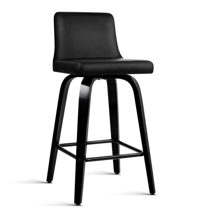 Bar Stools - Felipe Set Of 2 Leather Wooden Swivel Kitchen Bar Stool Black Frame 66cm