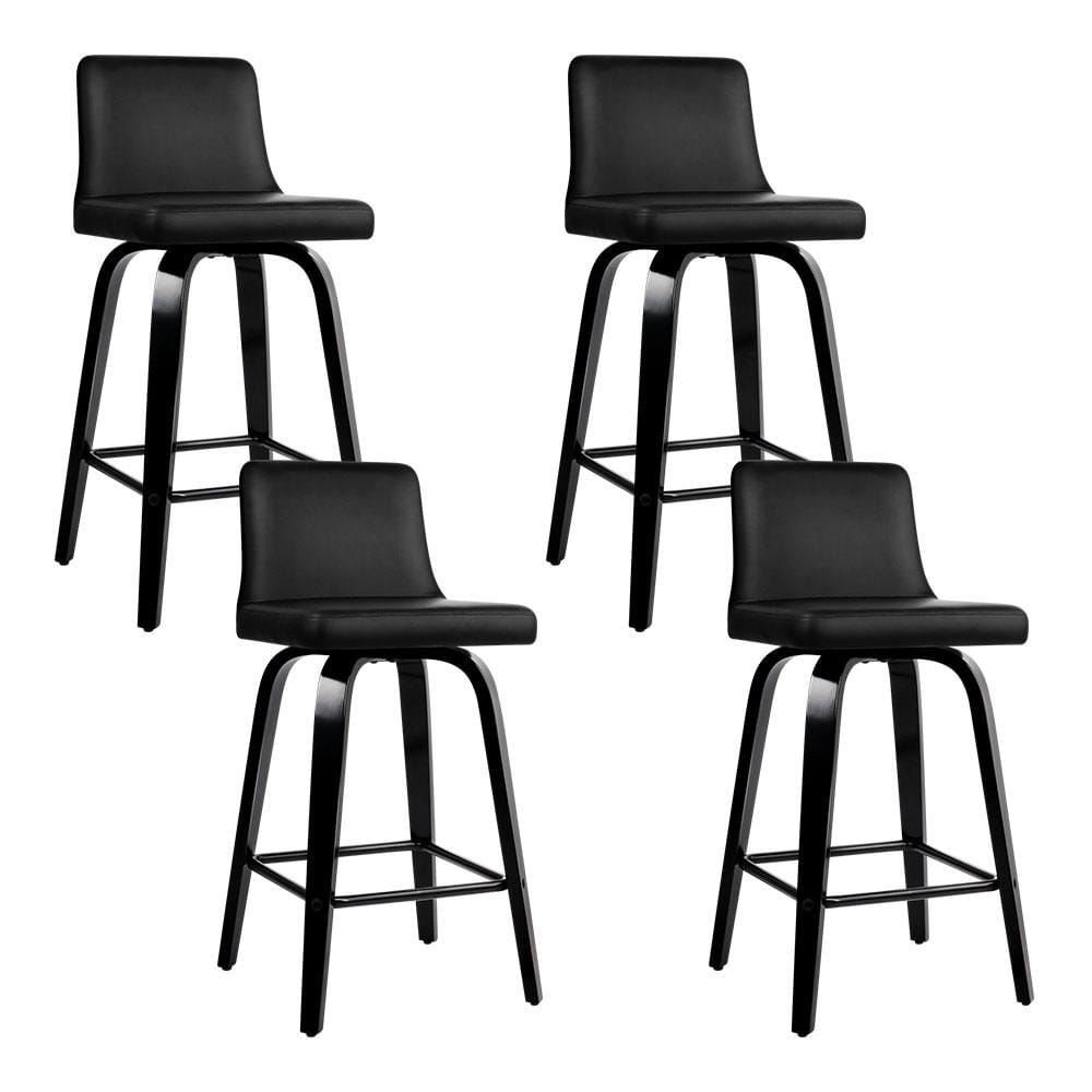 Bar Stools - Felipe Set Of 4 Leather Wooden Swivel Kitchen Bar Stool Black Frame 66cm