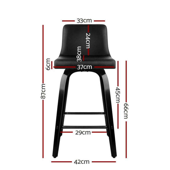 Bar Stools - Felipe Set Of 4 Leather Wooden Swivel Kitchen Bar Stool Black Frame 66cm