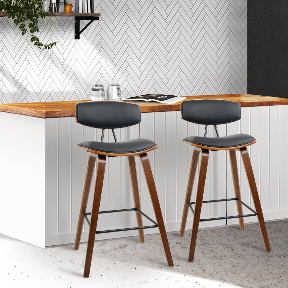 Bar Stools - Garth Wooden Bar Stool Leather (Set Of 4) Black 67cm