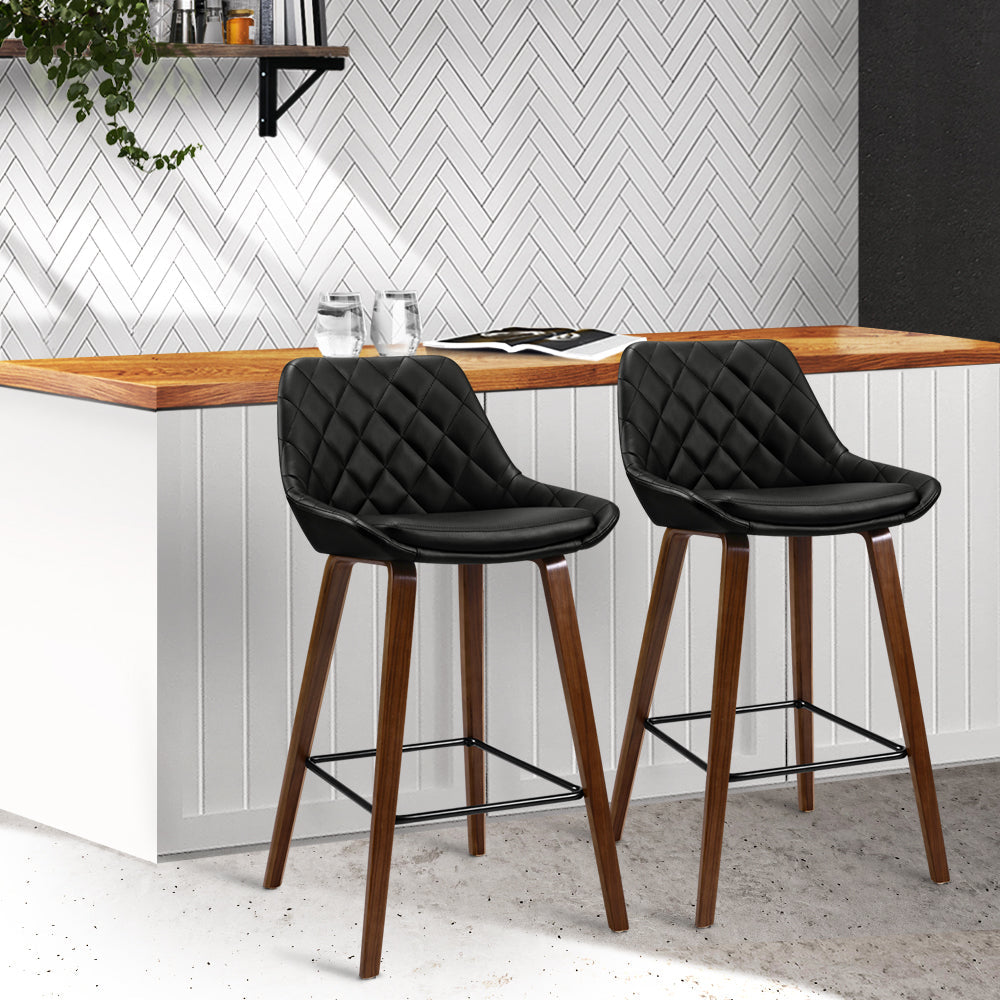 Bar Stools - Hunter Leather Bar Stool Wooden (Set Of 2) Black 68cm