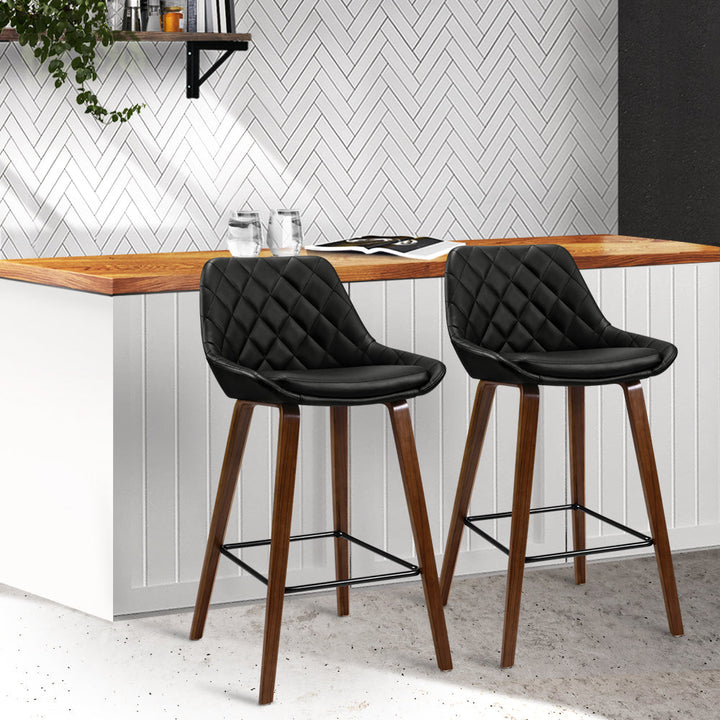 Bar Stools - Hunter Leather Bar Stool Wooden (Set Of 2) Black 68cm