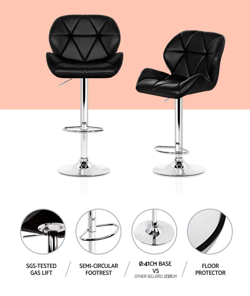Bar Stools - Jorn Set Of 2 Leather Gas Lift Swivel Kitchen Bar Stool Black