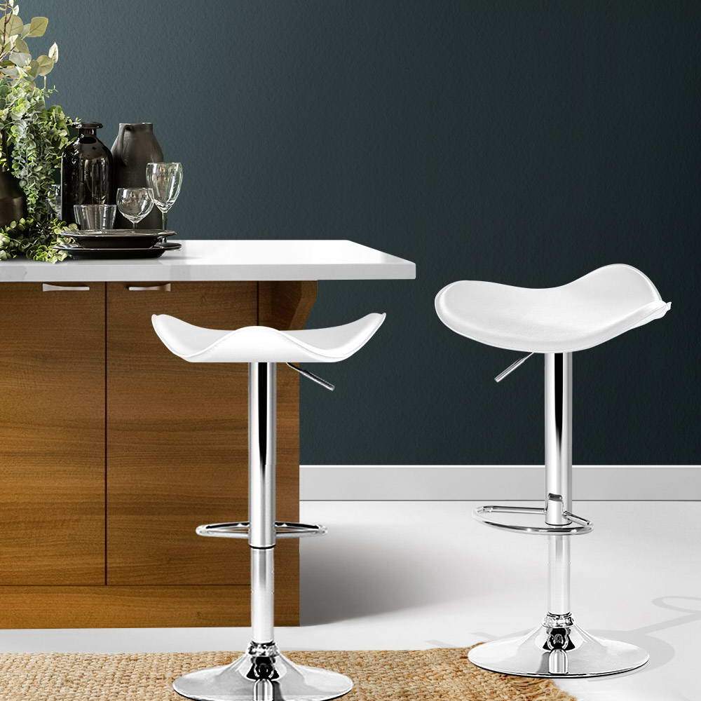 Bar Stools - Keith Set Of 2 Leather Gas Lift Swivel Kitchen Bar Stool White