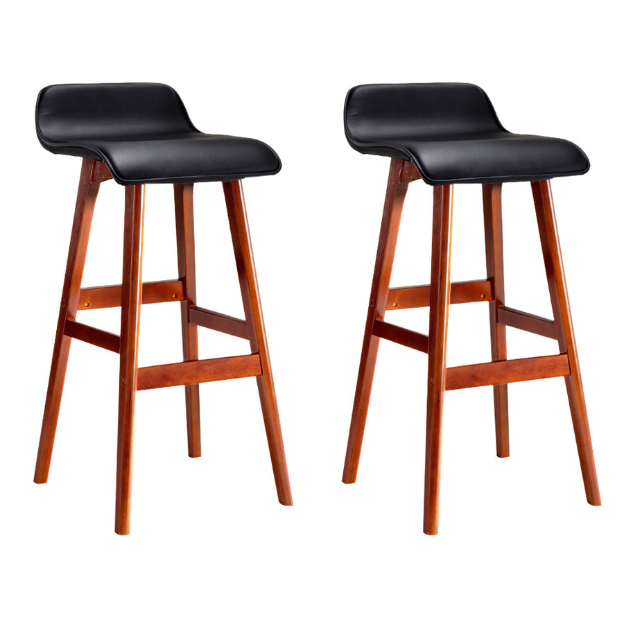 Bar Stools - Silvia Wooden Bar Stool Leather (Set Of 2) Black 74cm