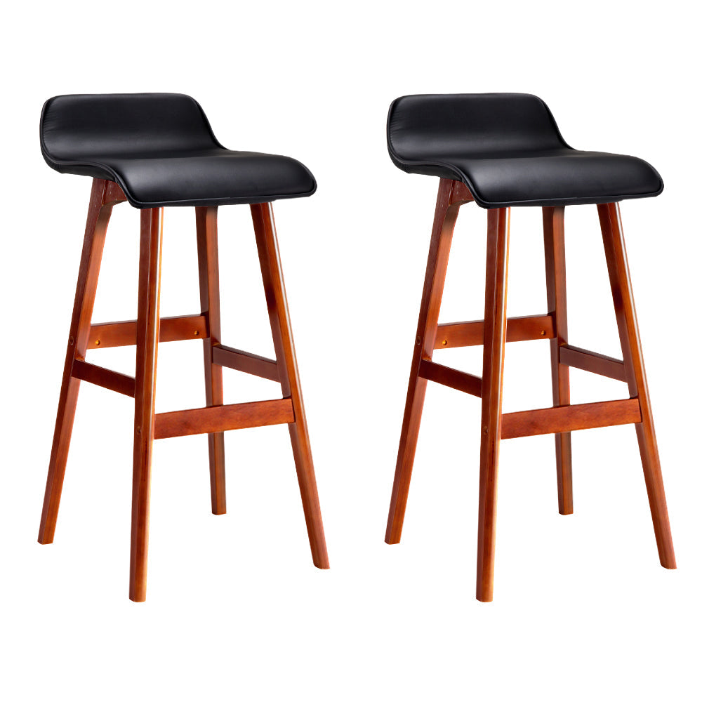 Bar Stools - Silvia Wooden Bar Stool Leather (Set Of 2) Black 74cm