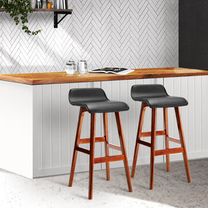 Bar Stools - Silvia Wooden Bar Stool Leather (Set Of 2) Black 74cm
