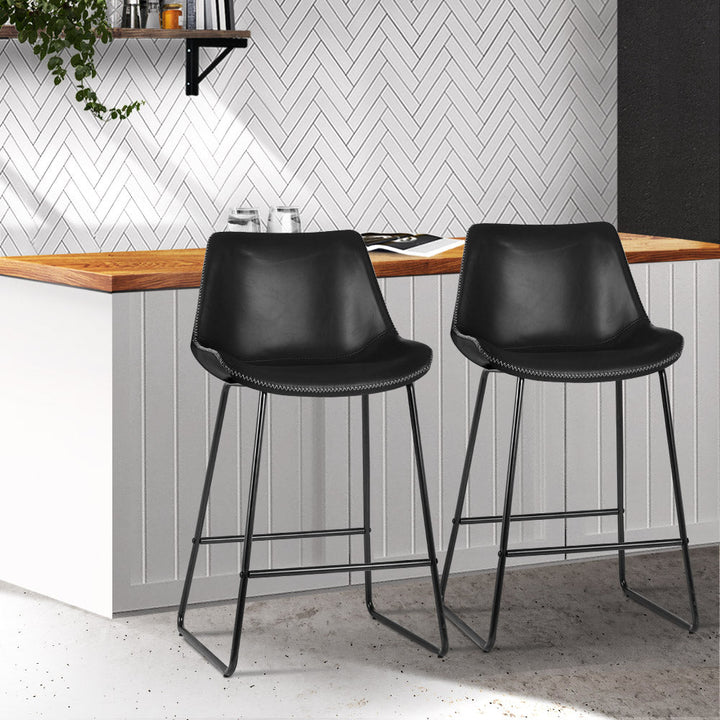 Bar Stools - Winston Leather Bar Stool (Set Of 2) Black 70cm