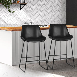 Bar Stools - Winston Leather Bar Stool (Set Of 2) Black 70cm
