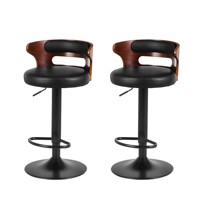 Furniture > Bar Stools & Chairs - Artiss Set Of 2 Bar Stools Kitchen Wooden Gas Lift Leather Stool Metal Black Barstools