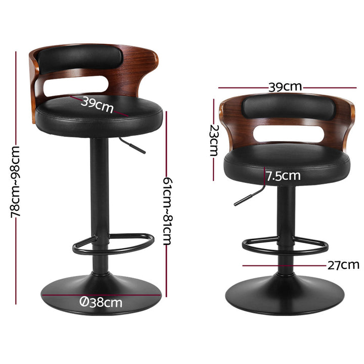 Furniture > Bar Stools & Chairs - Artiss Set Of 2 Bar Stools Kitchen Wooden Gas Lift Leather Stool Metal Black Barstools
