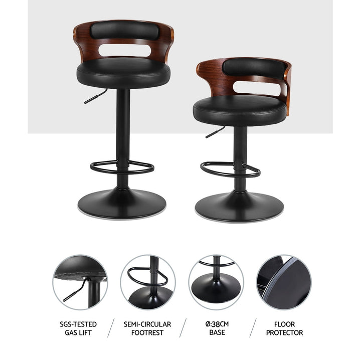 Furniture > Bar Stools & Chairs - Artiss Set Of 2 Bar Stools Kitchen Wooden Gas Lift Leather Stool Metal Black Barstools