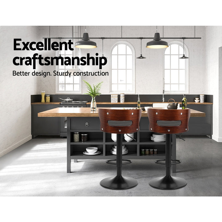 Furniture > Bar Stools & Chairs - Artiss Set Of 2 Bar Stools Kitchen Wooden Gas Lift Leather Stool Metal Black Barstools