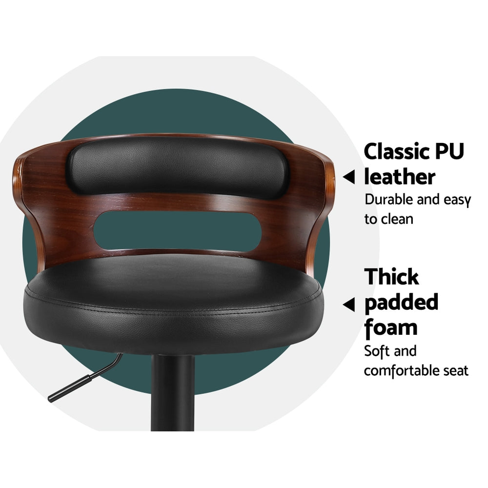 Furniture > Bar Stools & Chairs - Artiss Set Of 2 Bar Stools Kitchen Wooden Gas Lift Leather Stool Metal Black Barstools