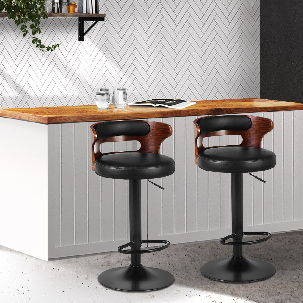 Furniture > Bar Stools & Chairs - Artiss Set Of 2 Bar Stools Kitchen Wooden Gas Lift Leather Stool Metal Black Barstools